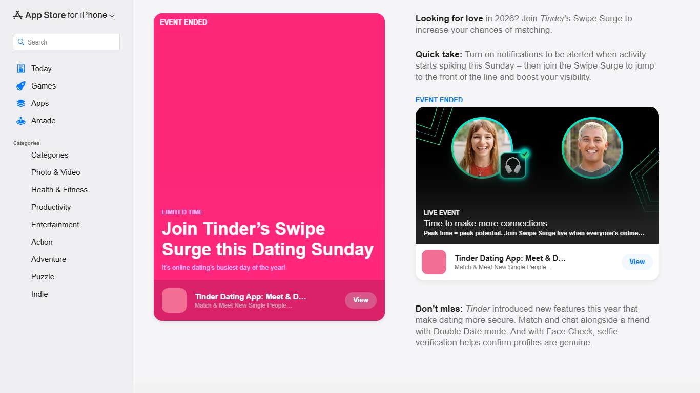 ‎Join Tinder’s Swipe Surge this Dating Sunday - App Store